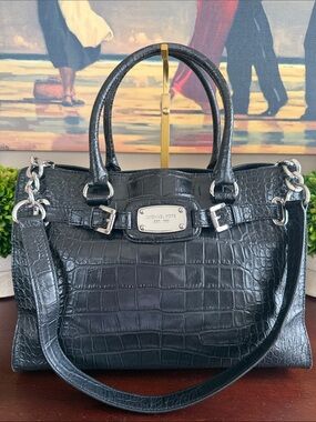 MICHAEL KORS 🖤Hamilton🖤 BLACK CROC-EMBOSSED CHAIN-STRAP LARGE TOTE BAG
